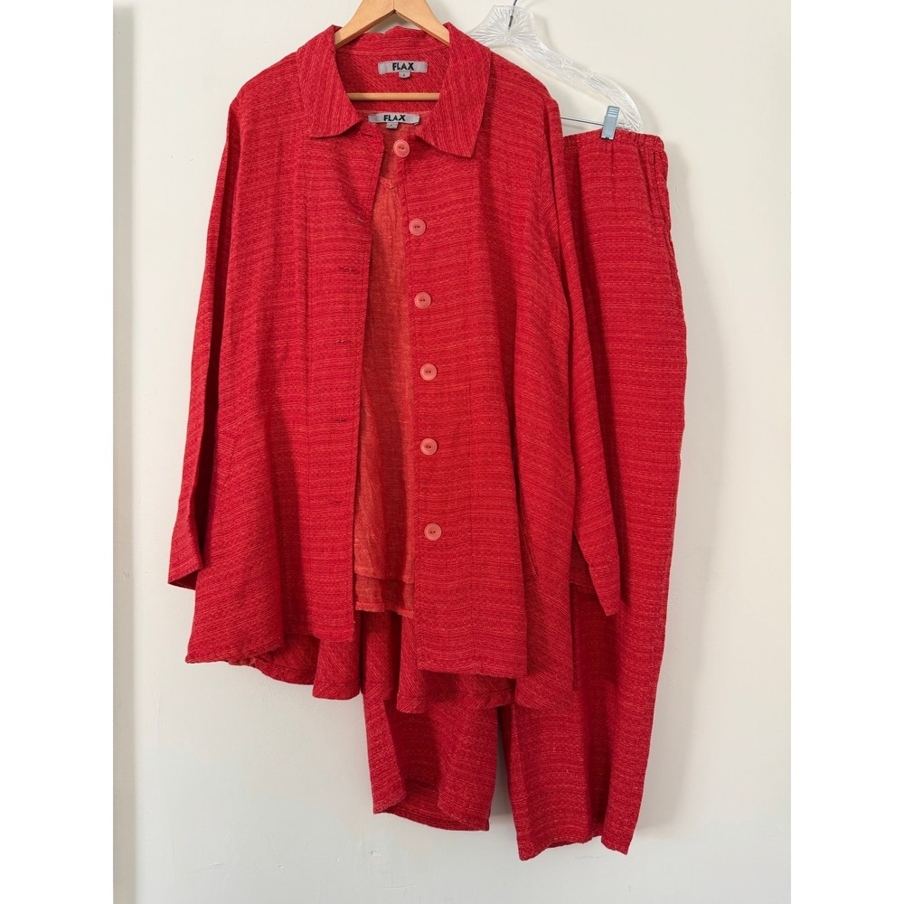 FLAX 3 Piece Set Women Large Red Excellent Linen Lagenlook Jacket Tank Pants